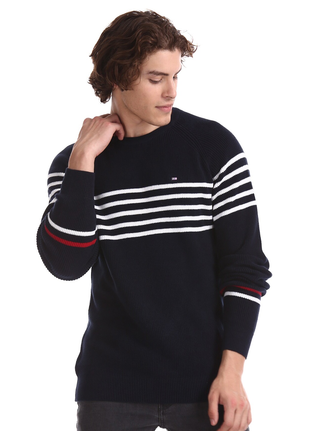 

Arrow Sport Men Navy Blue & White Striped Pullover