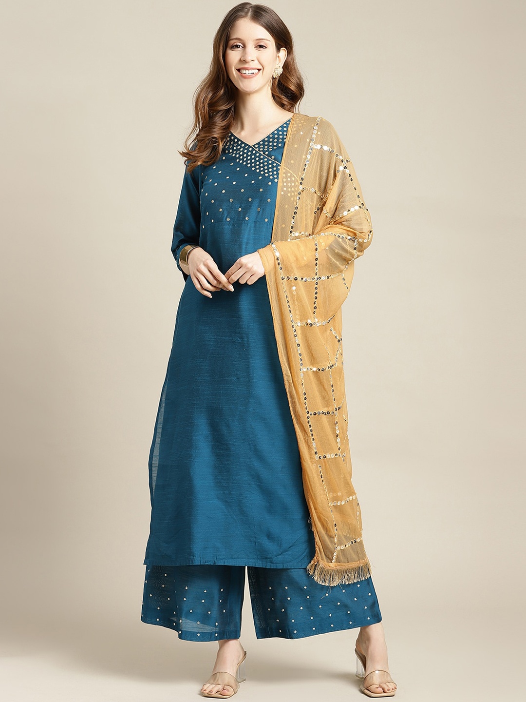 

Varanga Women Teal Ethnic Motifs Printed Kurta with Palazzos & With Dupatta