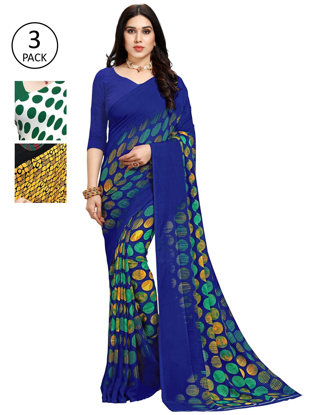 

KALINI Green & Yellow Pack of 3 Printed Saree