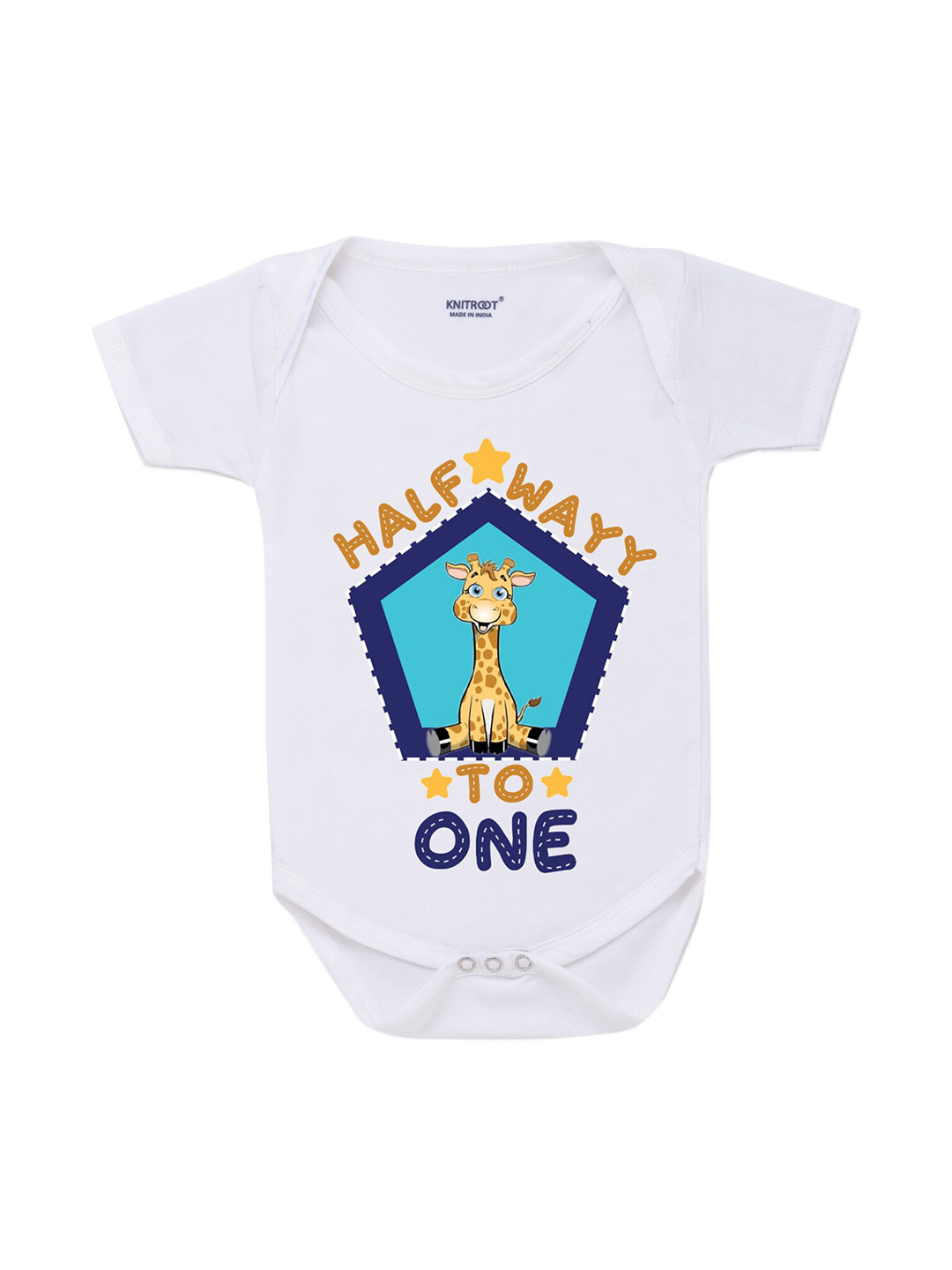 

KNITROOT Infant Kids White & Blue Halfway To One Printed Baby Bodysuit