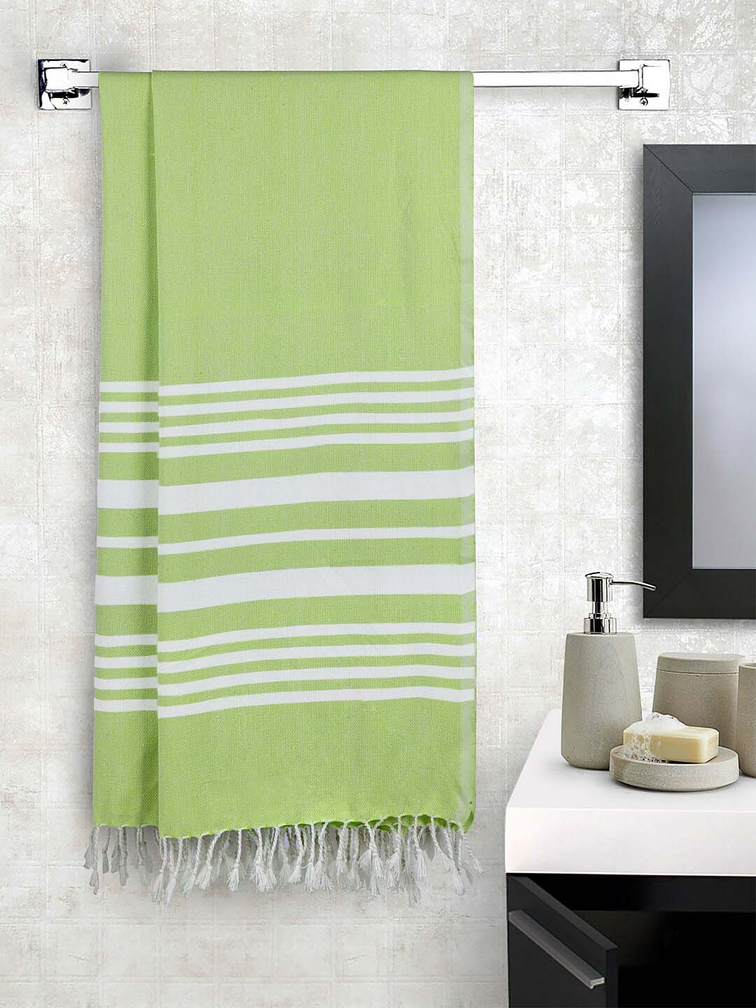 

KLOTTHE Set Of 2 White & Green Striped 233 GSM Cotton Bath Towels