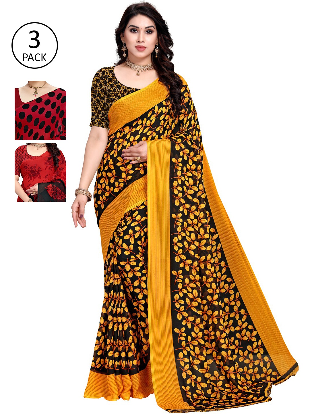 

KALINI Yellow & Red Pack of 3 Printed Saree