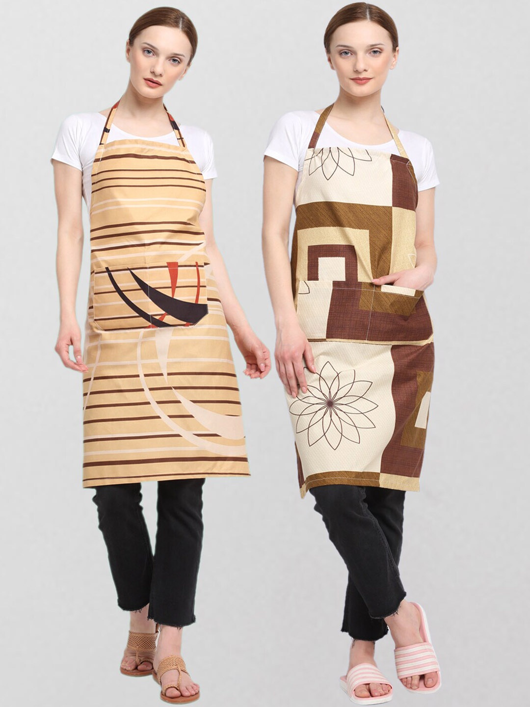 KLOTTHE Unisex Pack Of 2 Printed 210 TC Cotton Aprons, Beige