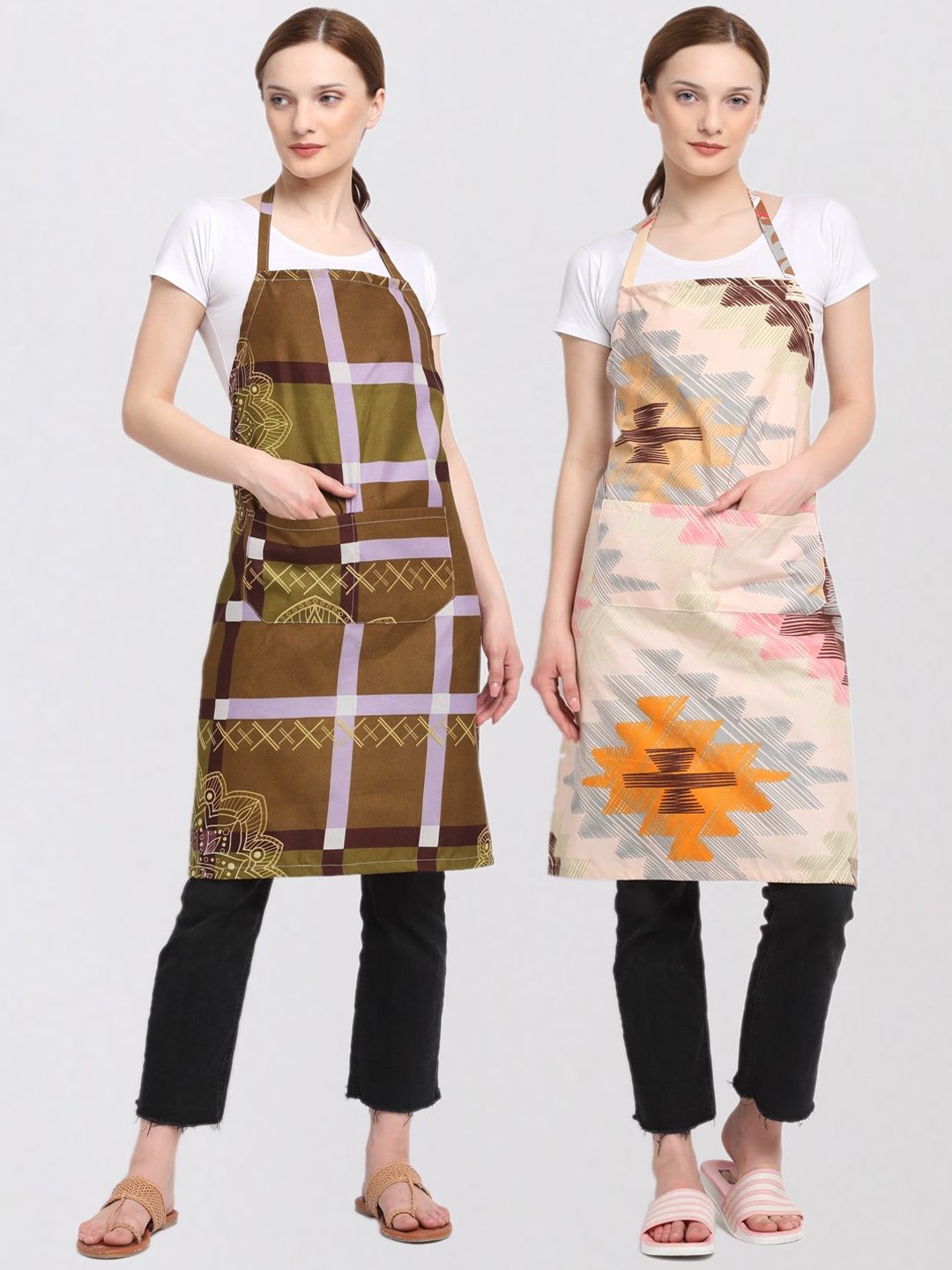 

KLOTTHE Pack Of 2 Printed 210 TC Cotton Aprons, Brown