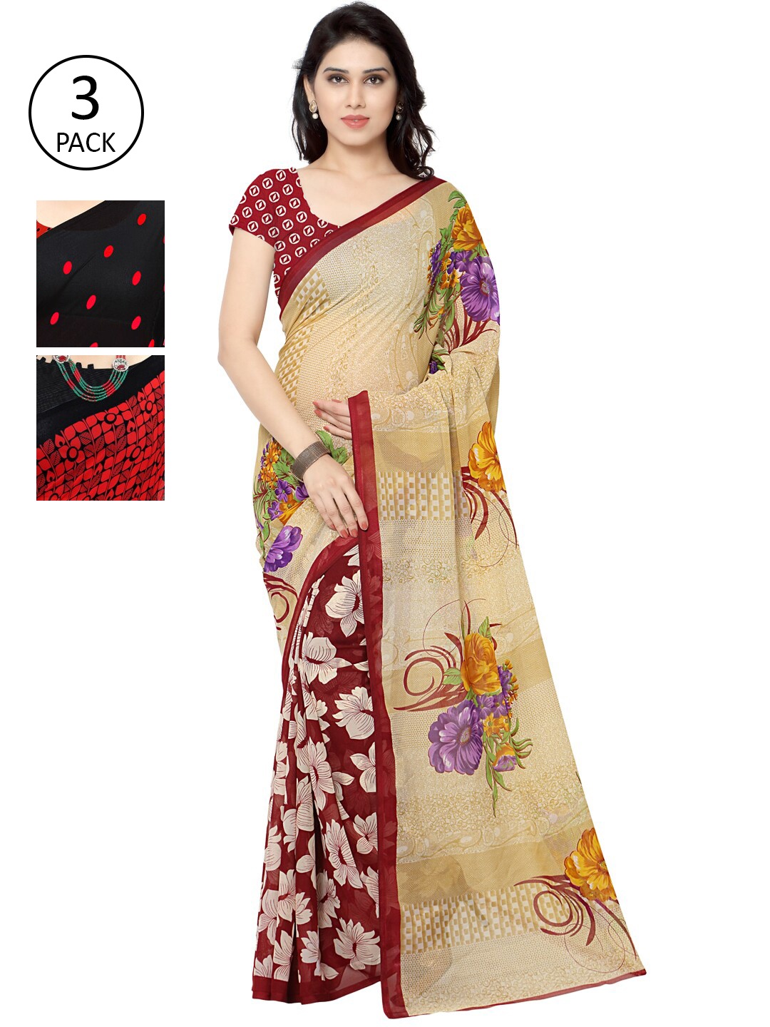 

KALINI Pack Of 3 Multicoloured Floral Poly Georgette Sarees, Multi