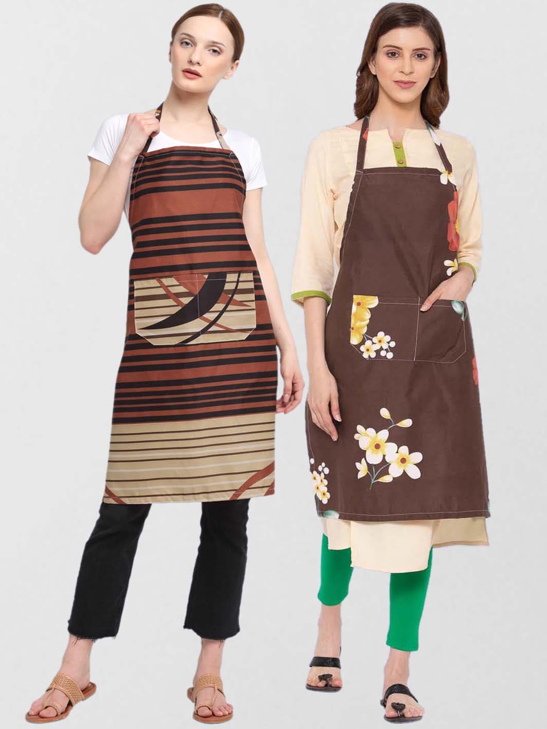

KLOTTHE Unisex Set Of 2 Printed 210TC Cotton Aprons, Brown