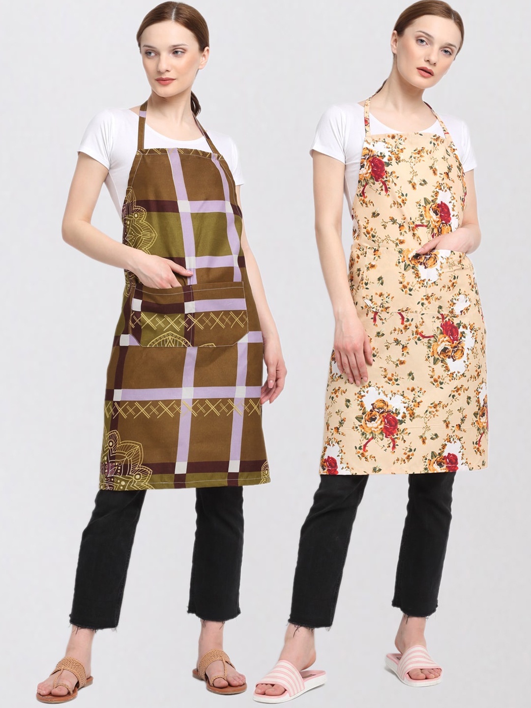 

KLOTTHE Unisex Pack Of 2 Printed Cotton 210 TC Aprons, Beige
