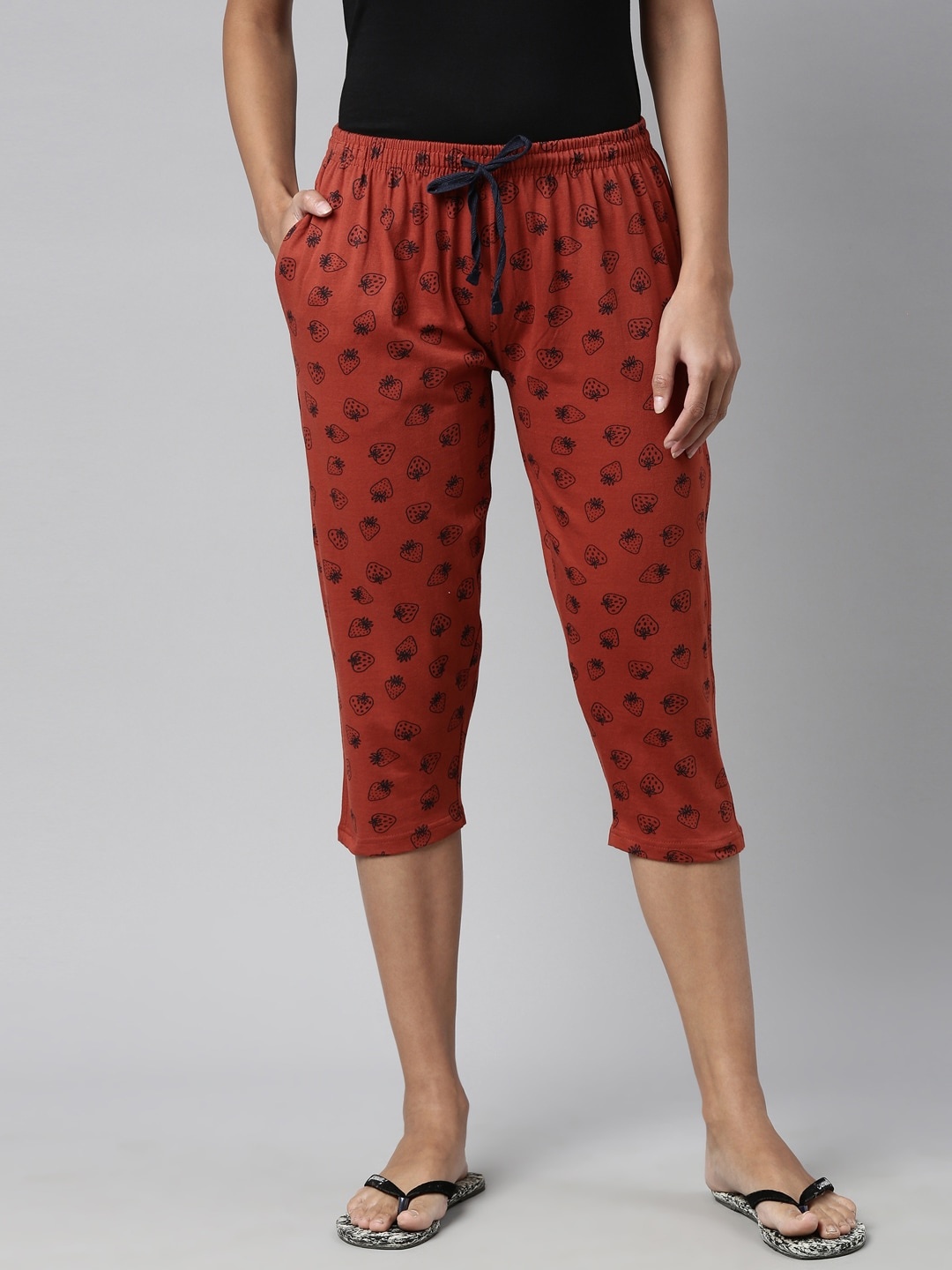 

Kryptic Women Rust & Black Printed Cotton Capris
