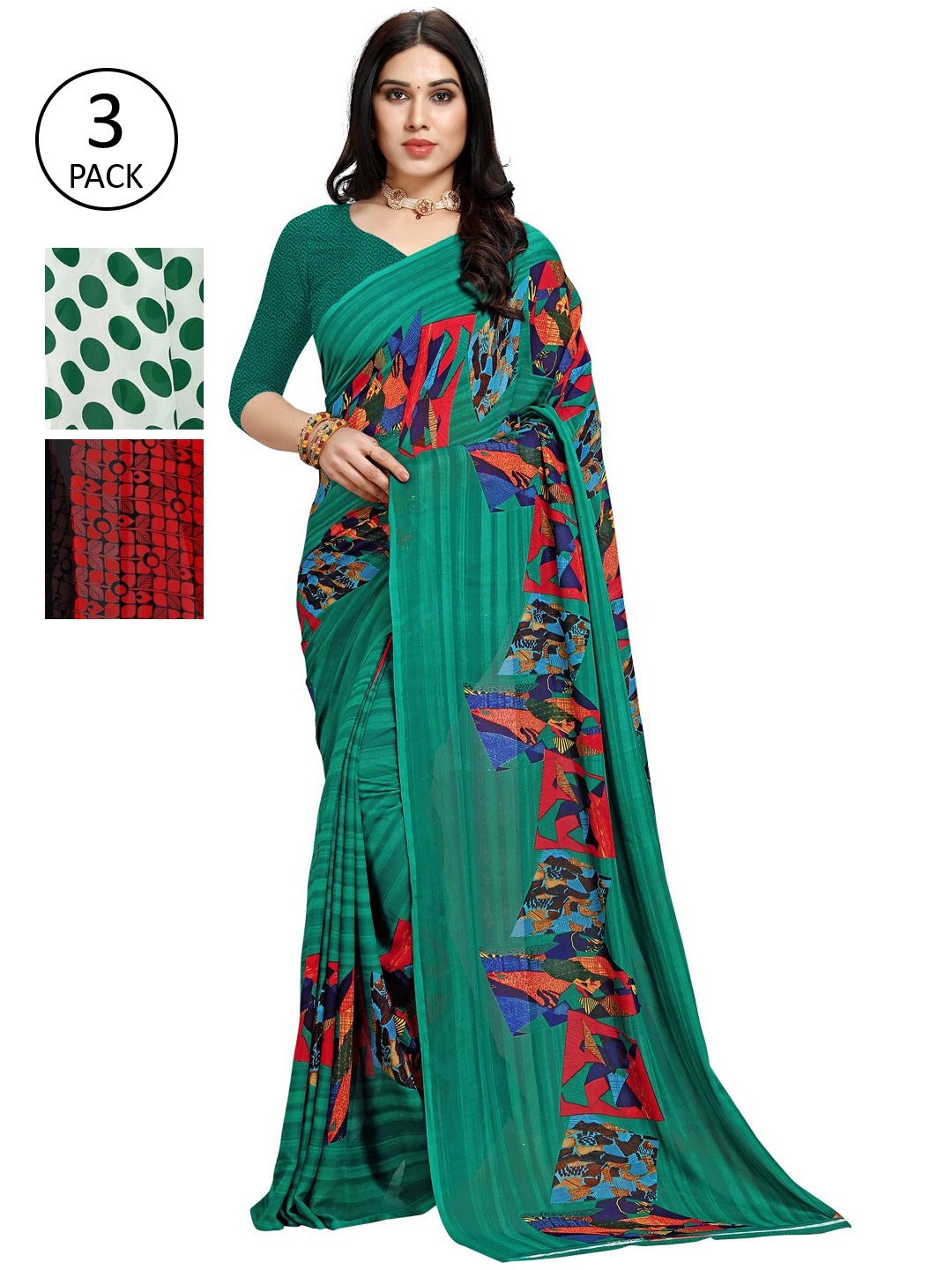 

KALINI Pack Of 3 Poly Georgette Sarees, Green