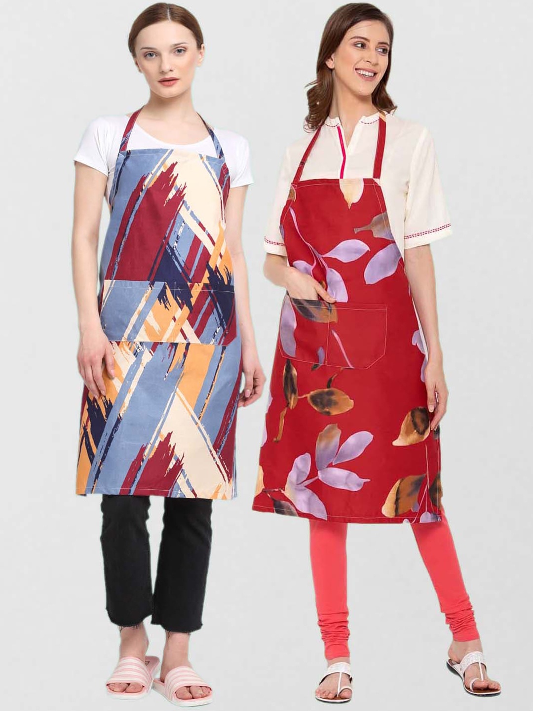 KLOTTHE Pack Of 2 Printed 210TC Cotton Aprons, Red