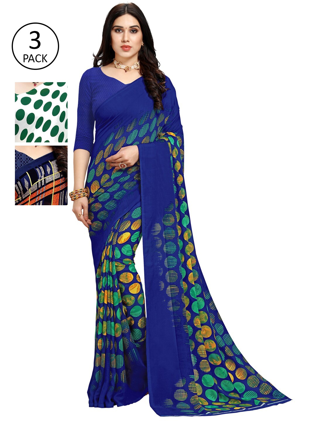 

KALINI Pack Of 3 Green & Blue Saree