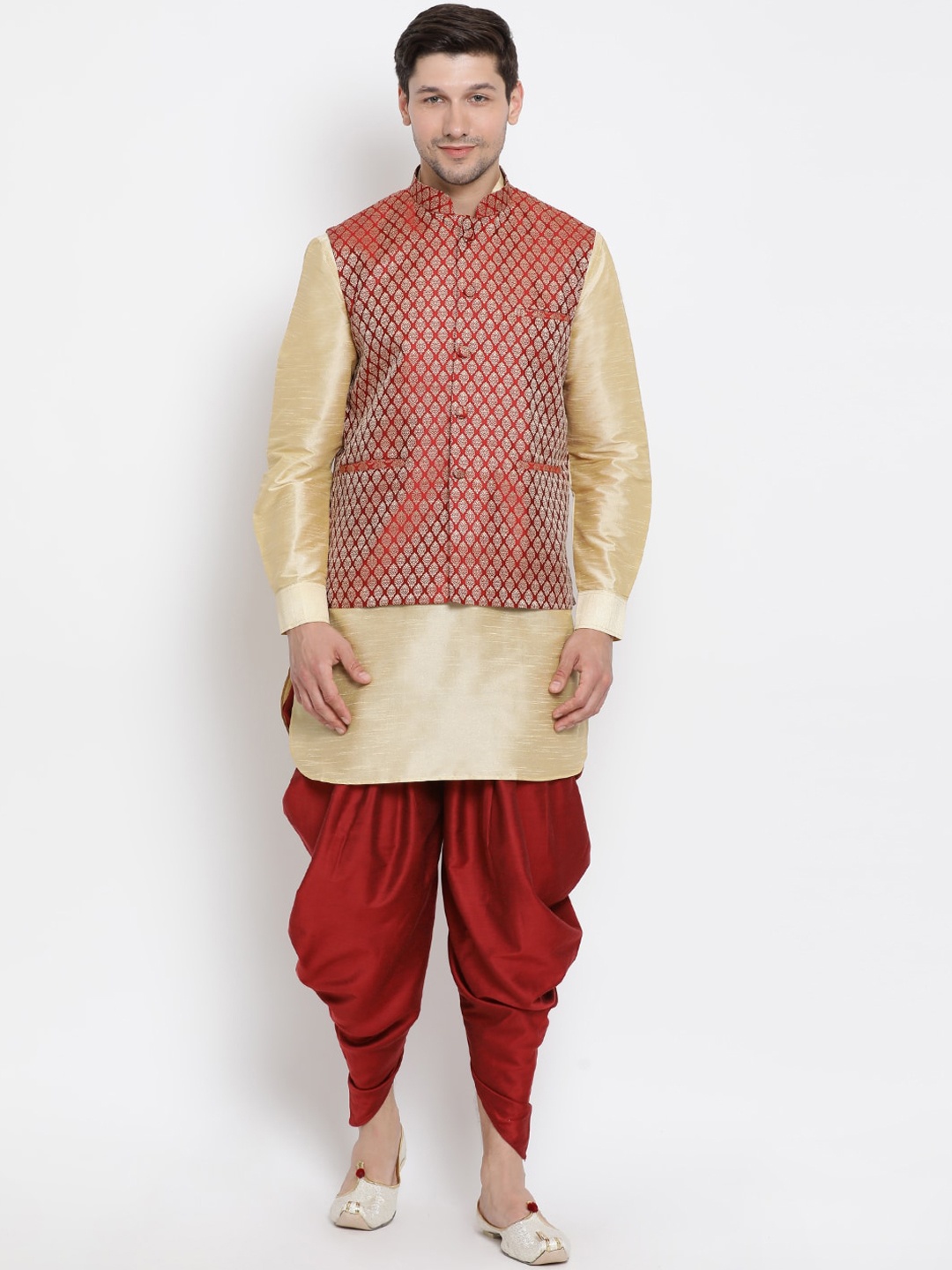 

VASTRAMAY Men Gold & Maroon Kurta with Dhoti Pants