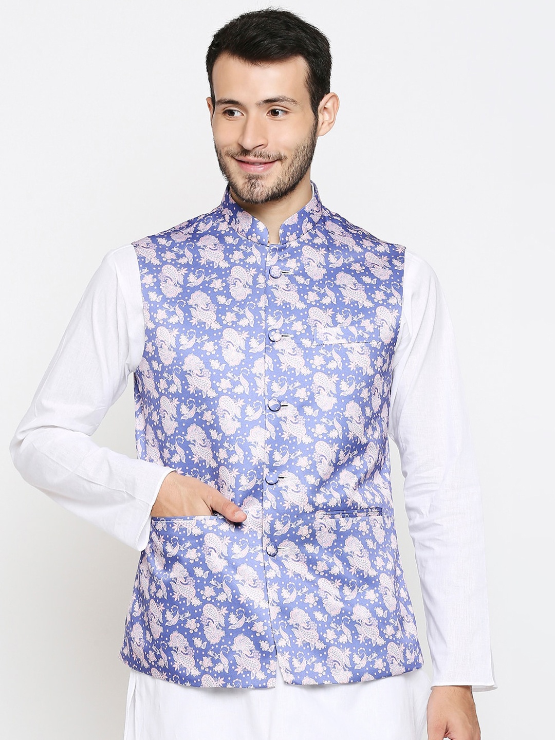 

Blacksmith Men Blue & Pink Printed Satin Weaved Nehru Jacket