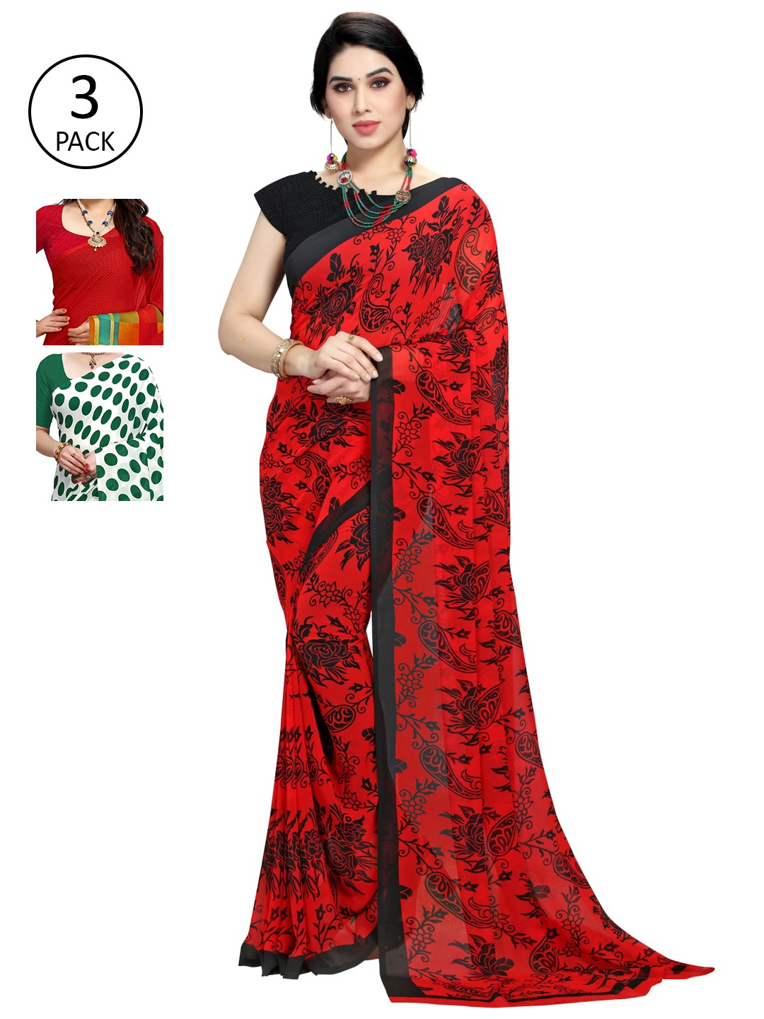 

KALINI White & Red Pack of 3 Printed Saree