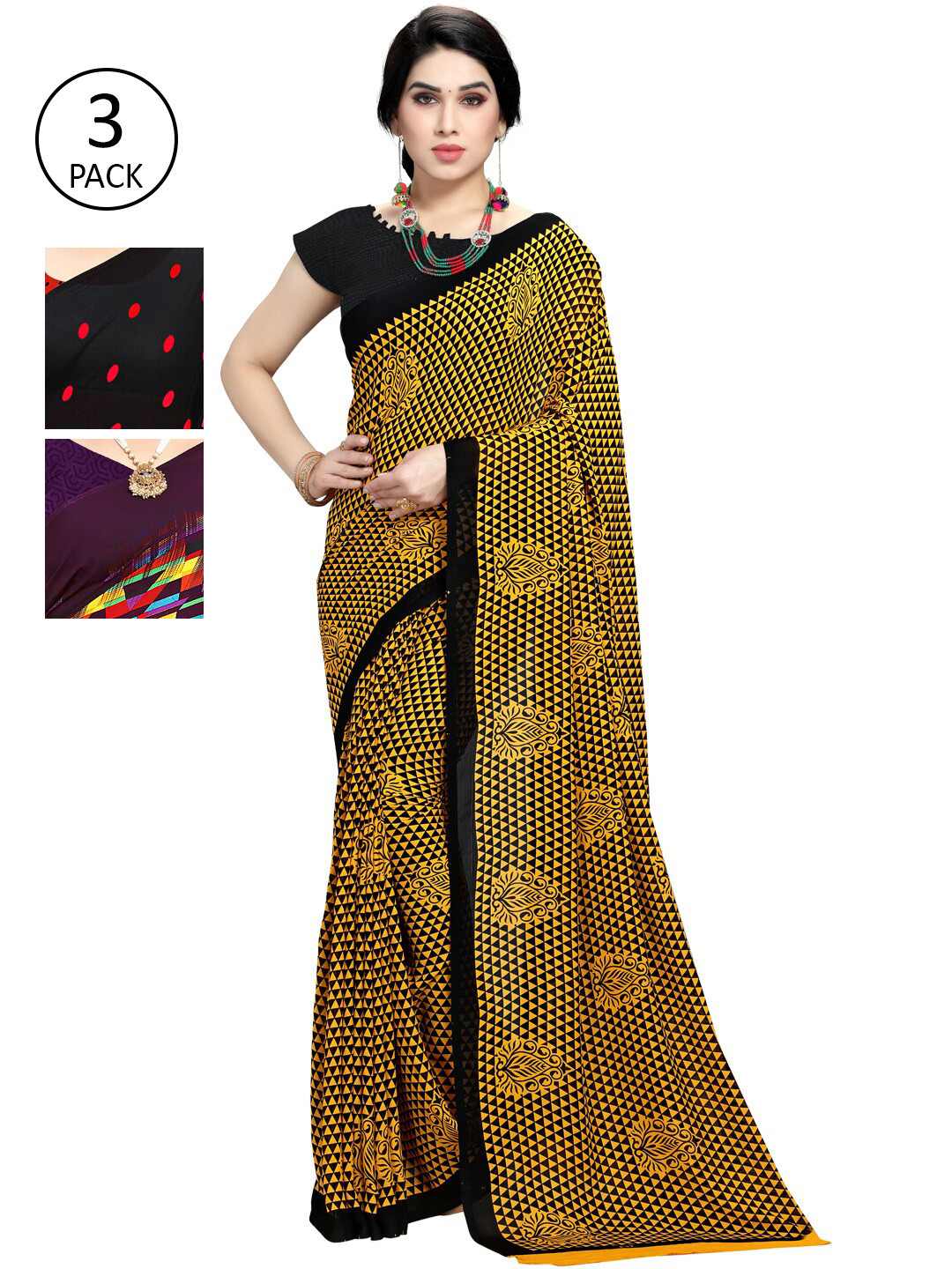 

KALINI Pack of 3 Printed Saree, Yellow