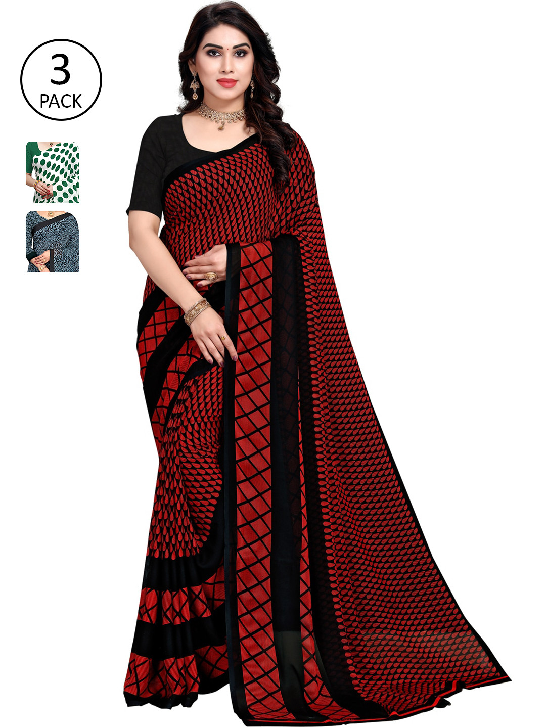 

KALINI Women Pack of 3 Printed Poly Georgette Sarees, Green