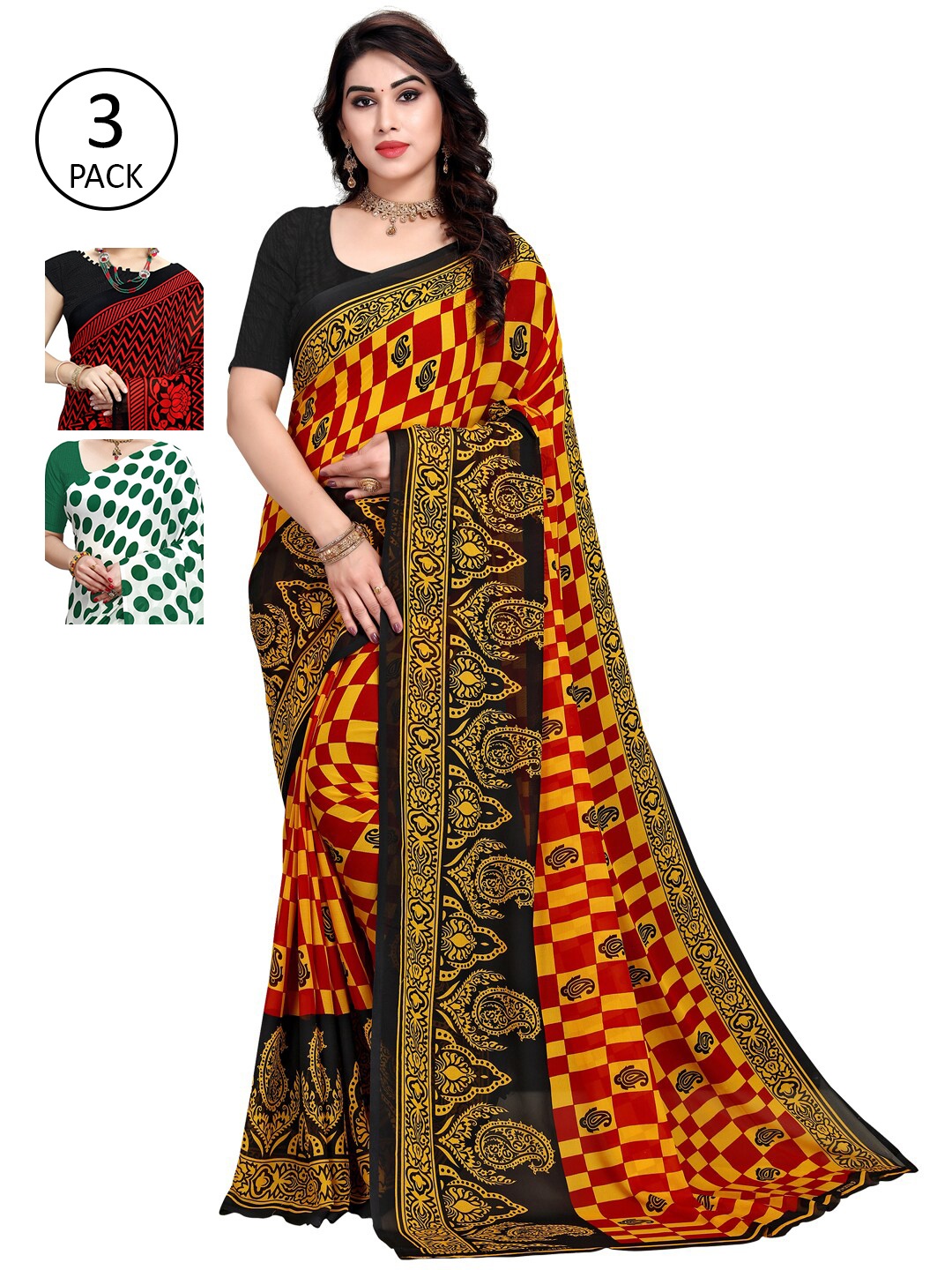 

KALINI Women Pack of 3 Printed Poly Georgette Sarees, Yellow