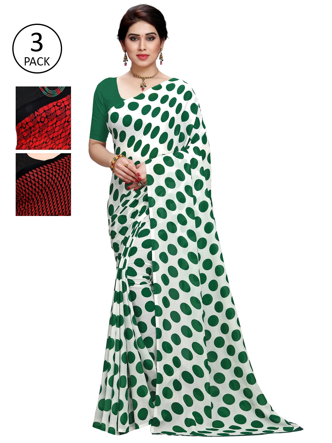 

KALINI Women Pack of 3 Printed Poly Georgette Sarees, Green