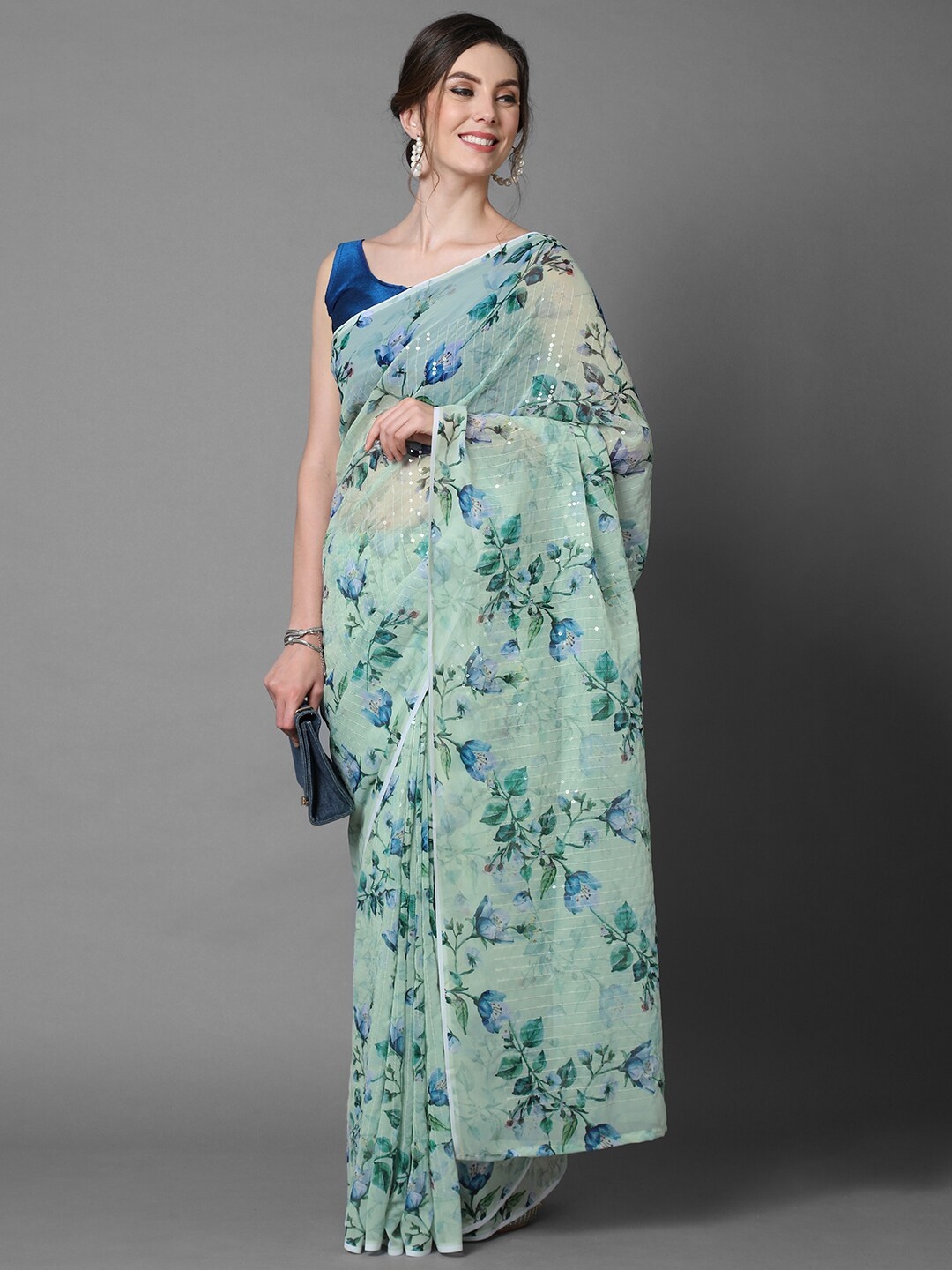 

Mitera Sea Green & Blue Floral Sequinned Saree