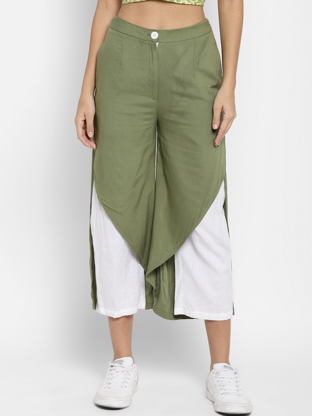 

DEEBACO Women Olive Green & White Loose Fit Layered Culottes Trousers