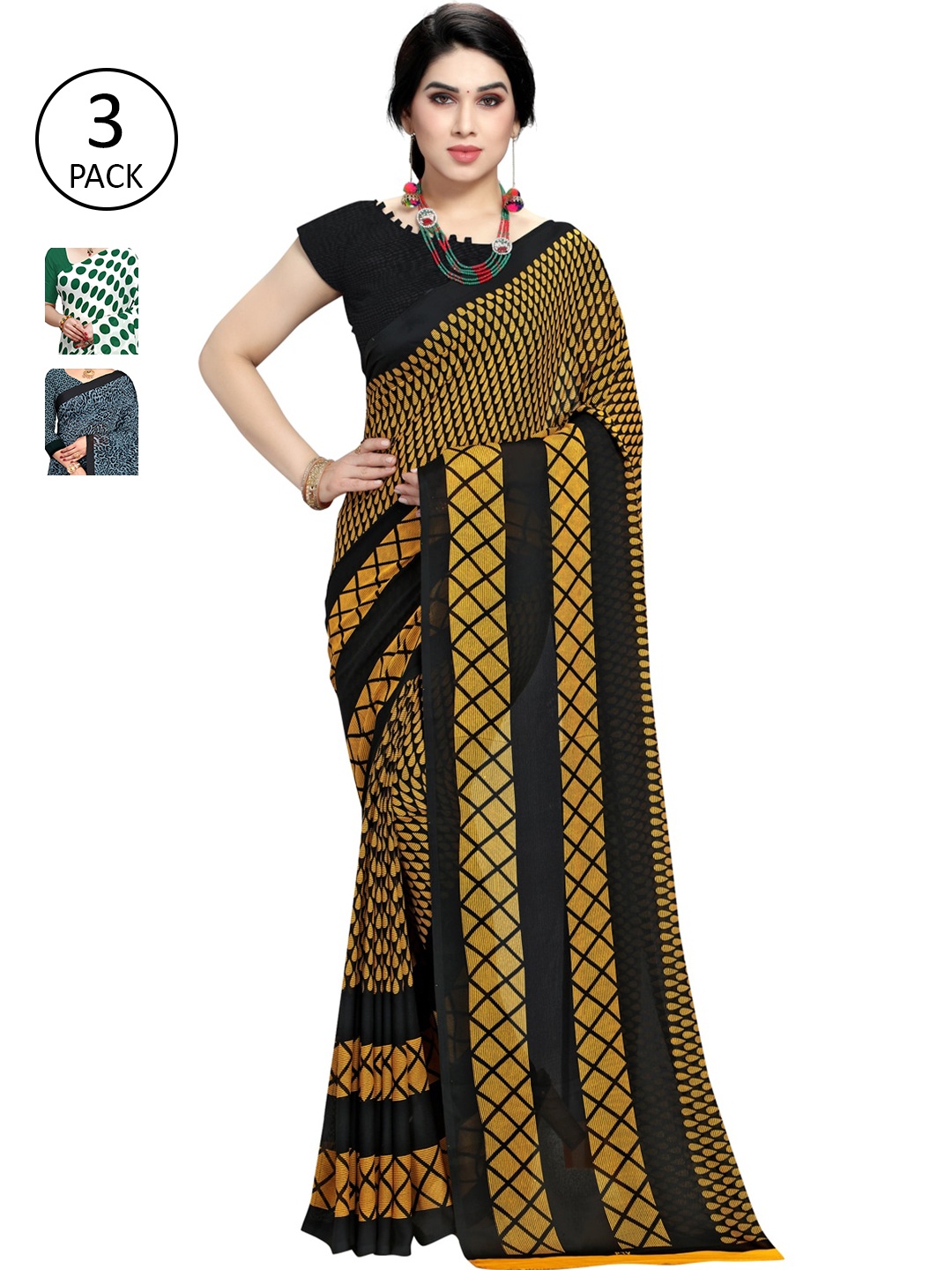 

KALINI Pack of 3 Printed Poly Georgette Saree, Multi