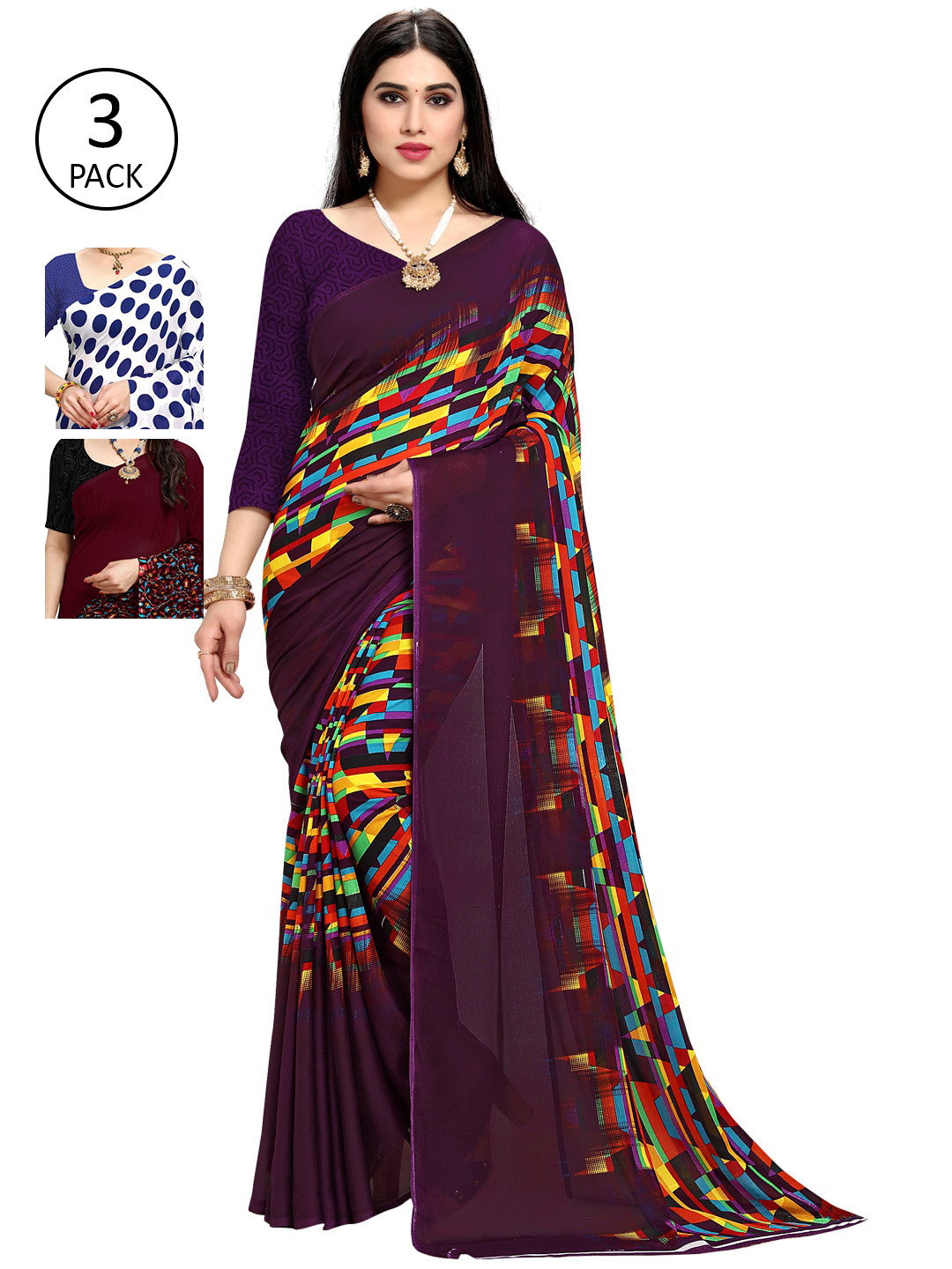 

KALINI Pack Of 3 Blue & Burgundy Floral Saree