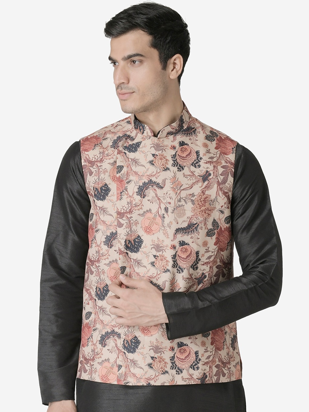 

TABARD Men Beige & Grey Printed Woven Pure Cotton Nehru Jacket
