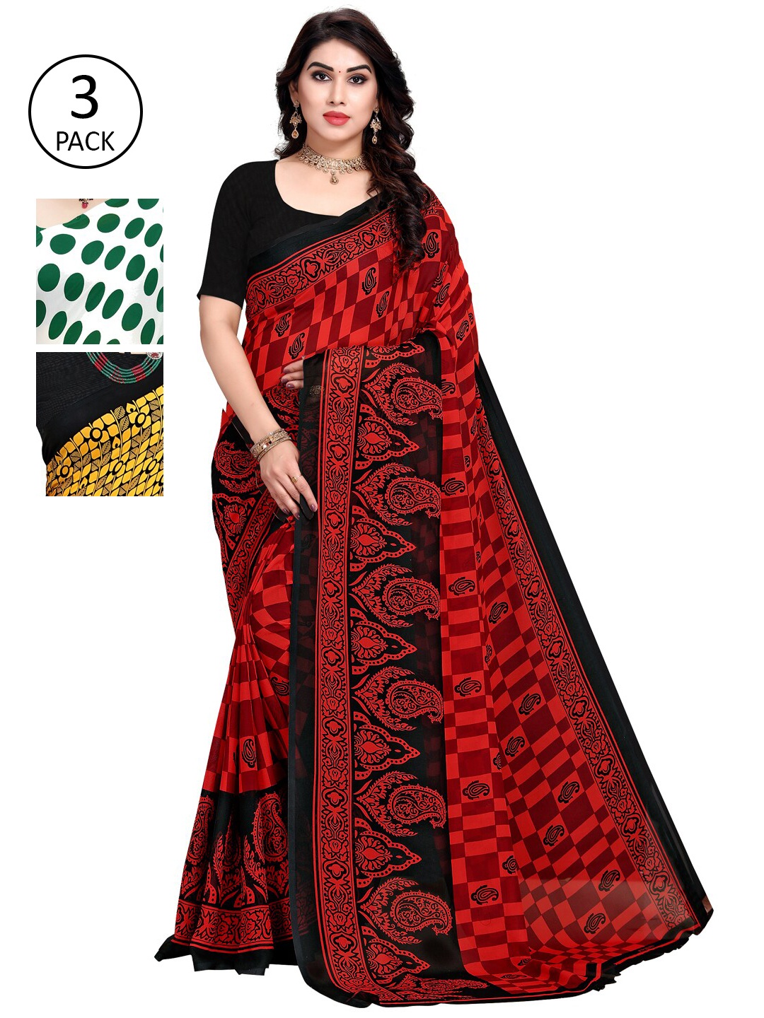 

KALINI Pack of 3 Poly Geirgette Printed Sarees, White