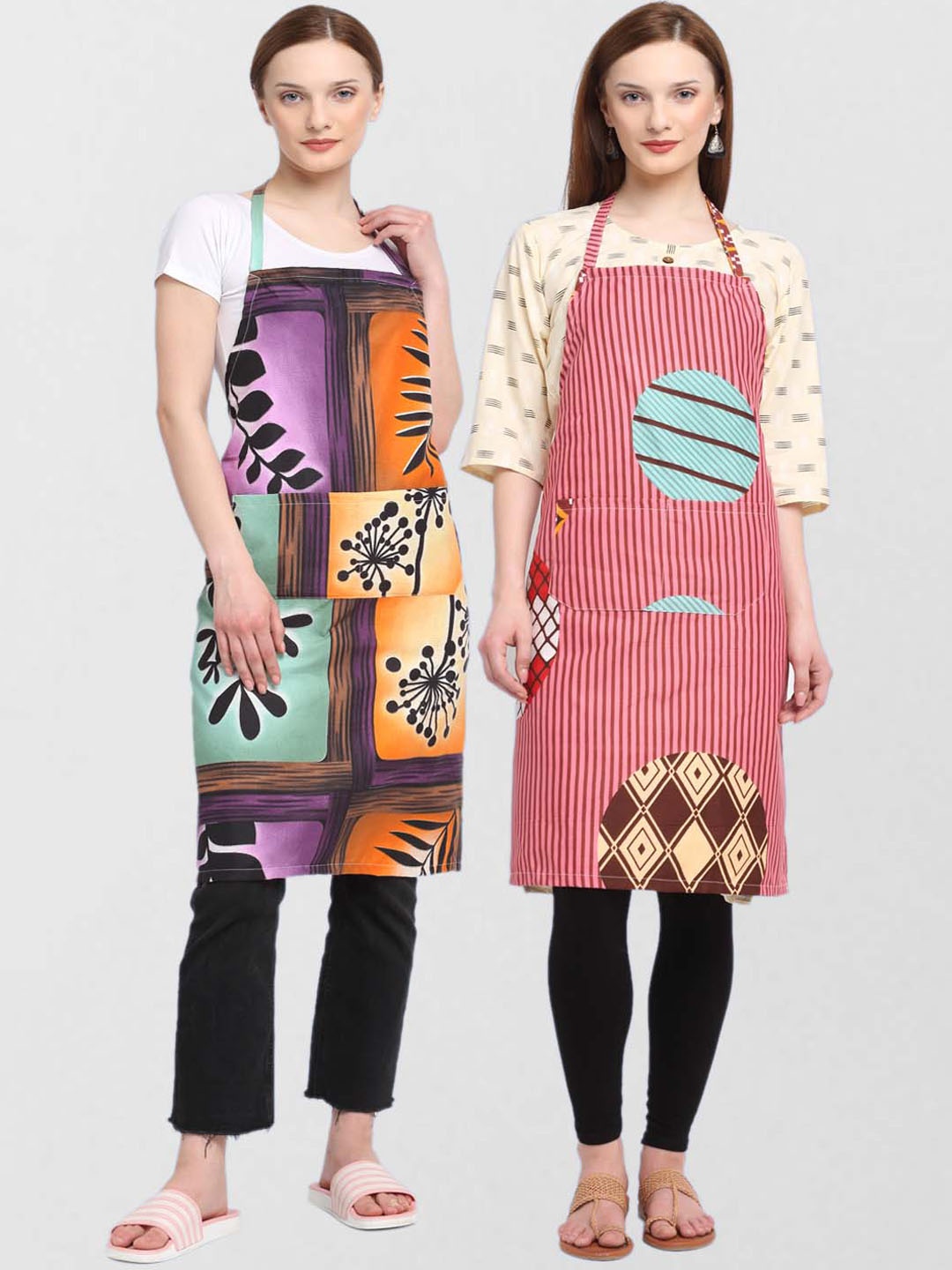 

KLOTTHE Pack Of 2 Printed 210 TC Cotton Aprons, Brown