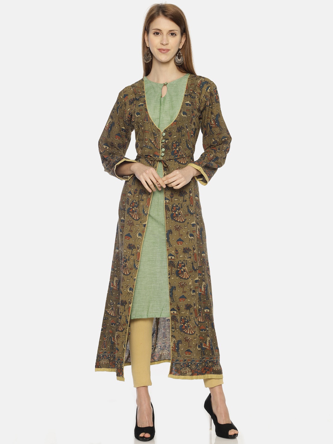 

Resha Women Olive Green Ethnic Motifs Dyed Keyhole Neck Handloom Kurta