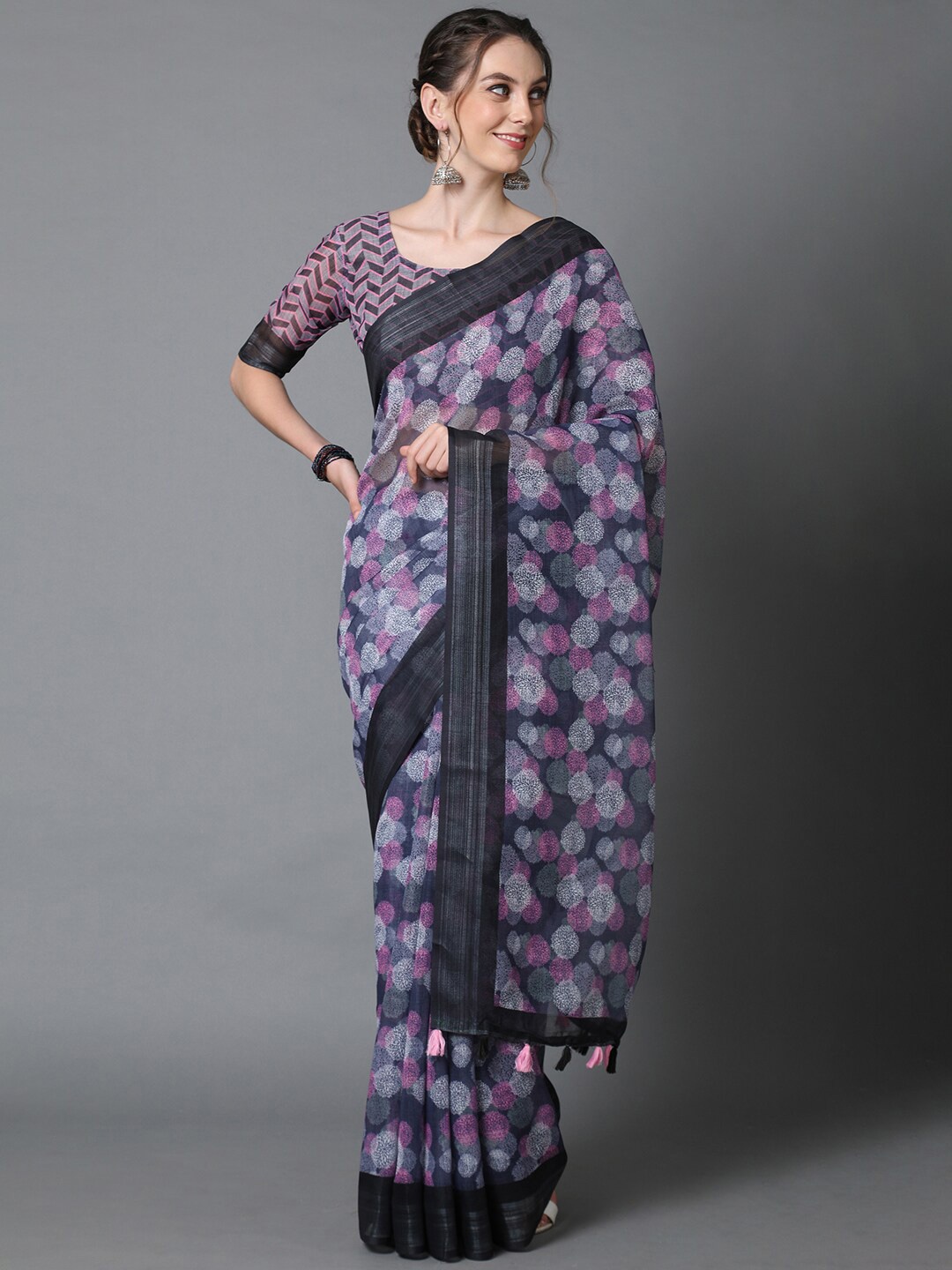 

Mitera Black & Pink Linen Blend Saree
