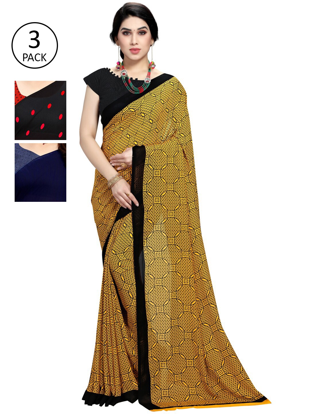 

KALINI Multicoloured Set of 3 Poly Georgette Saree, Multi