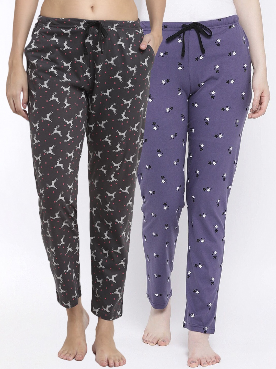 

Kanvin Women Pack Of 2 Printed Pure Cotton Lounge Pants, Charcoal