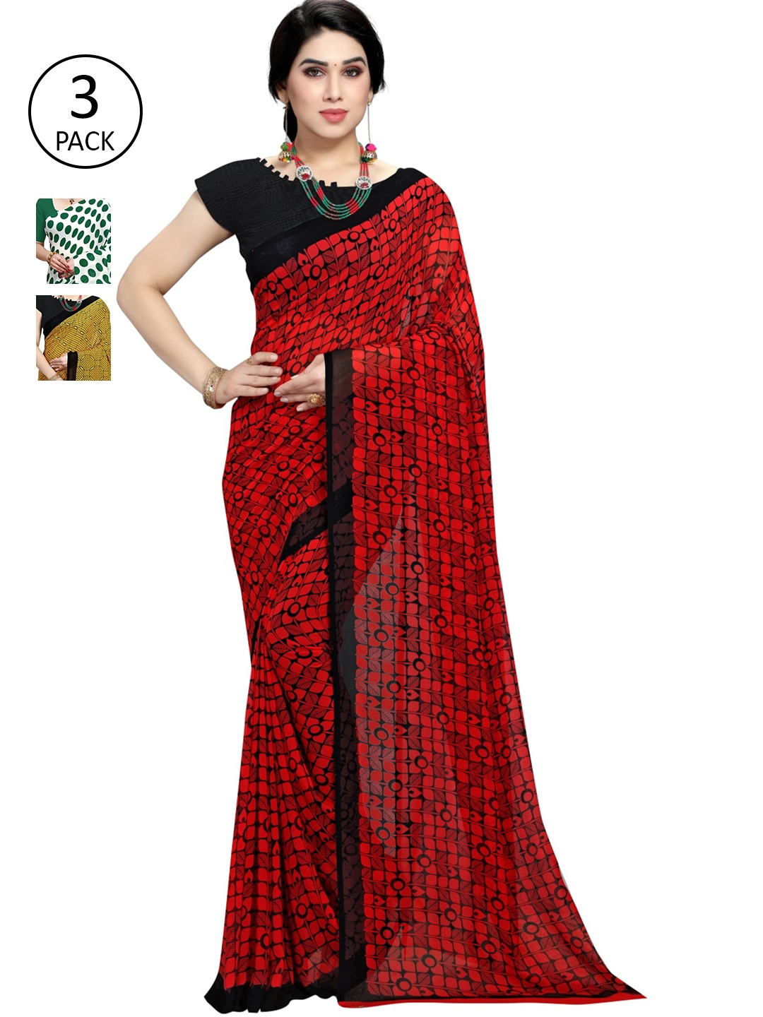 

KALINI Women Pack of 3 Printed Poly Georgette Sarees, White