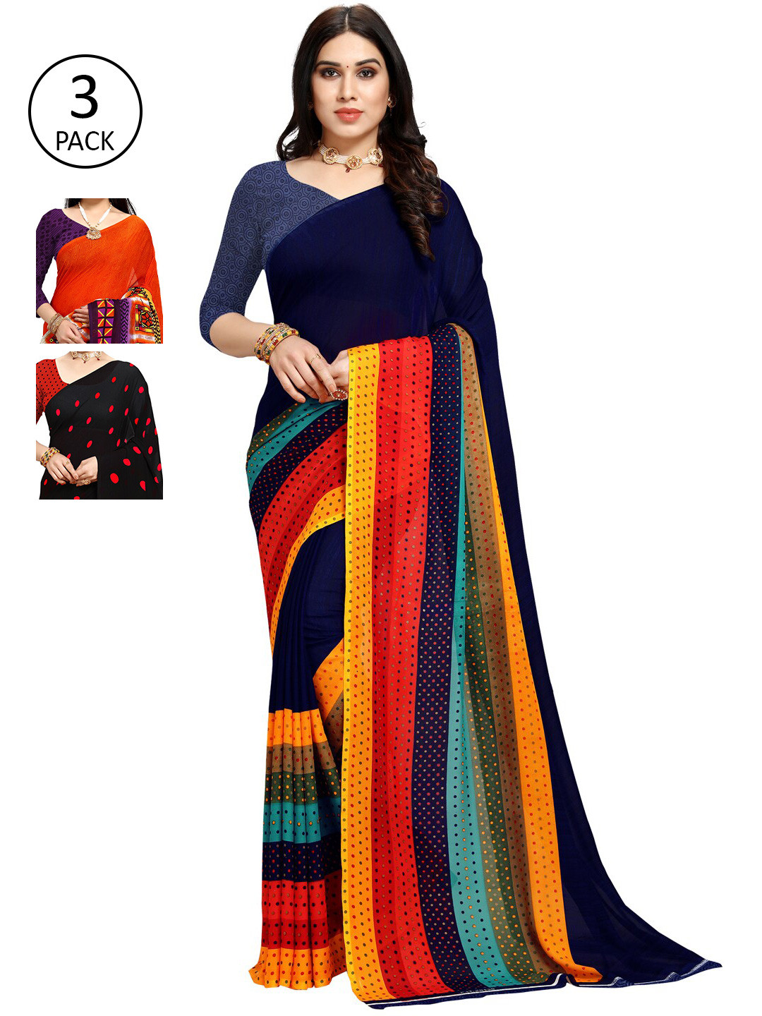 

KALINI Blue & Red Pack of 3 Printed Saree
