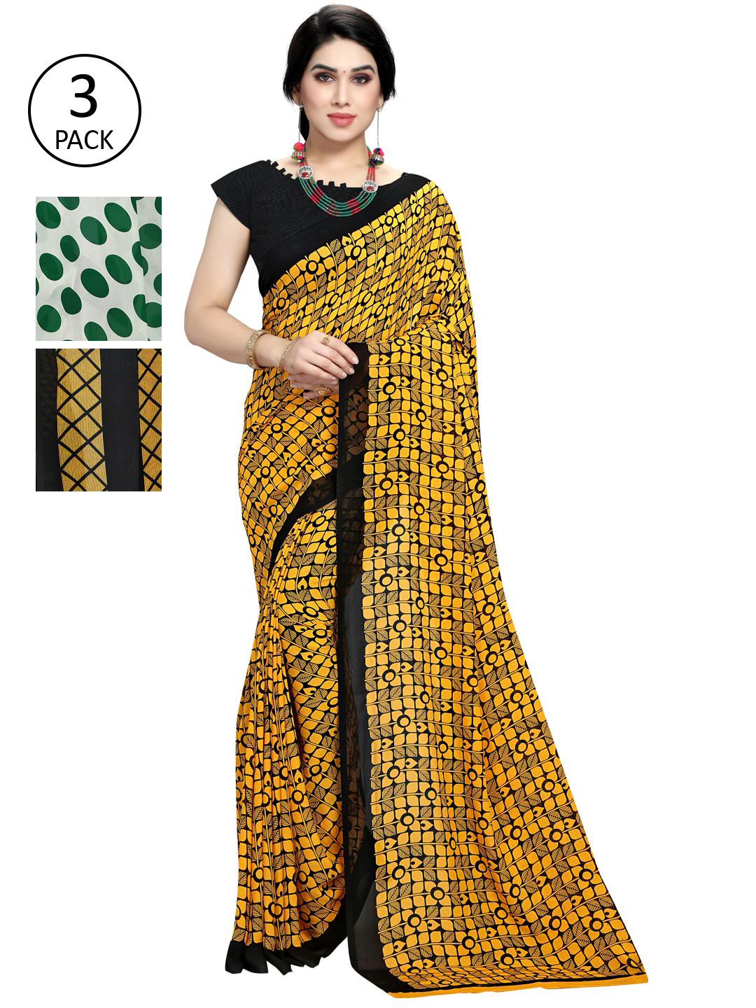 

KALINI Women Pack of 3 Printed Poly Georgette Sarees, White