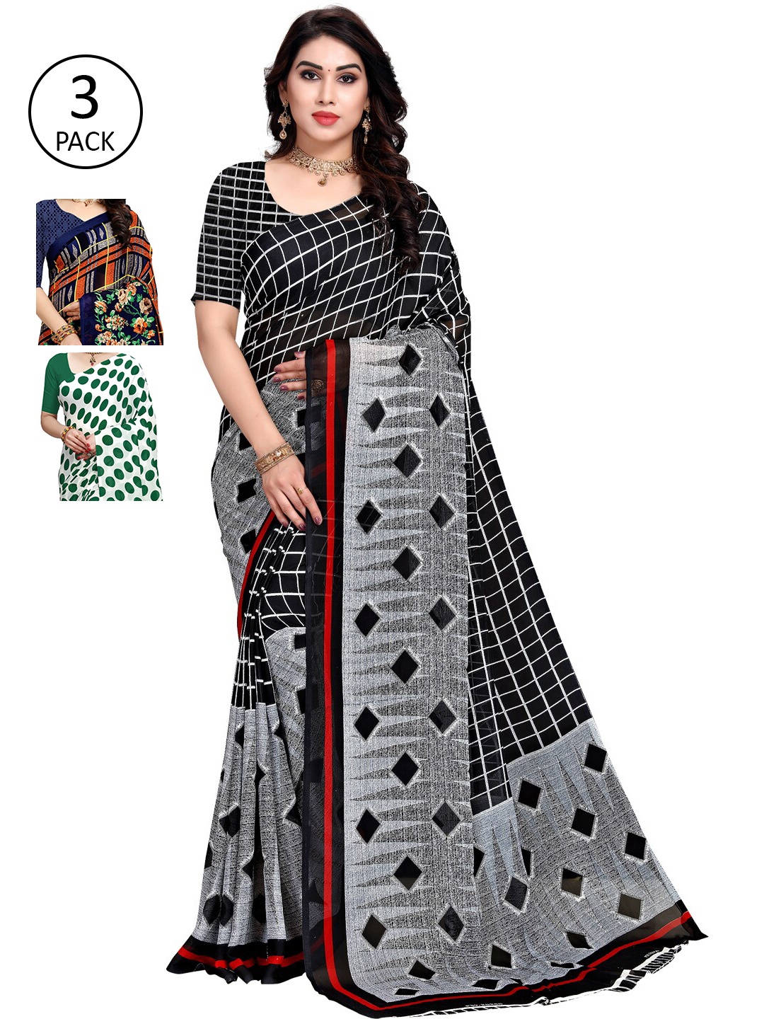 

KALINI Pack Of 3 Poly Georgette Printed Sarees, Green