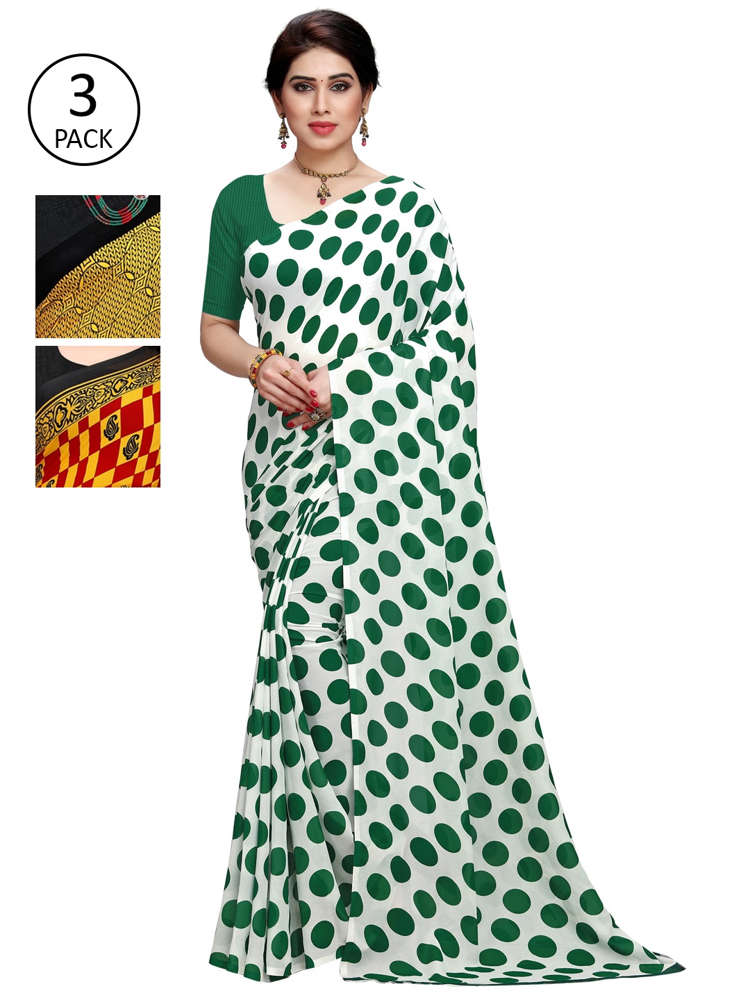 

KALINI Women Pack of 3 Printed Poly Georgette Sarees, Yellow