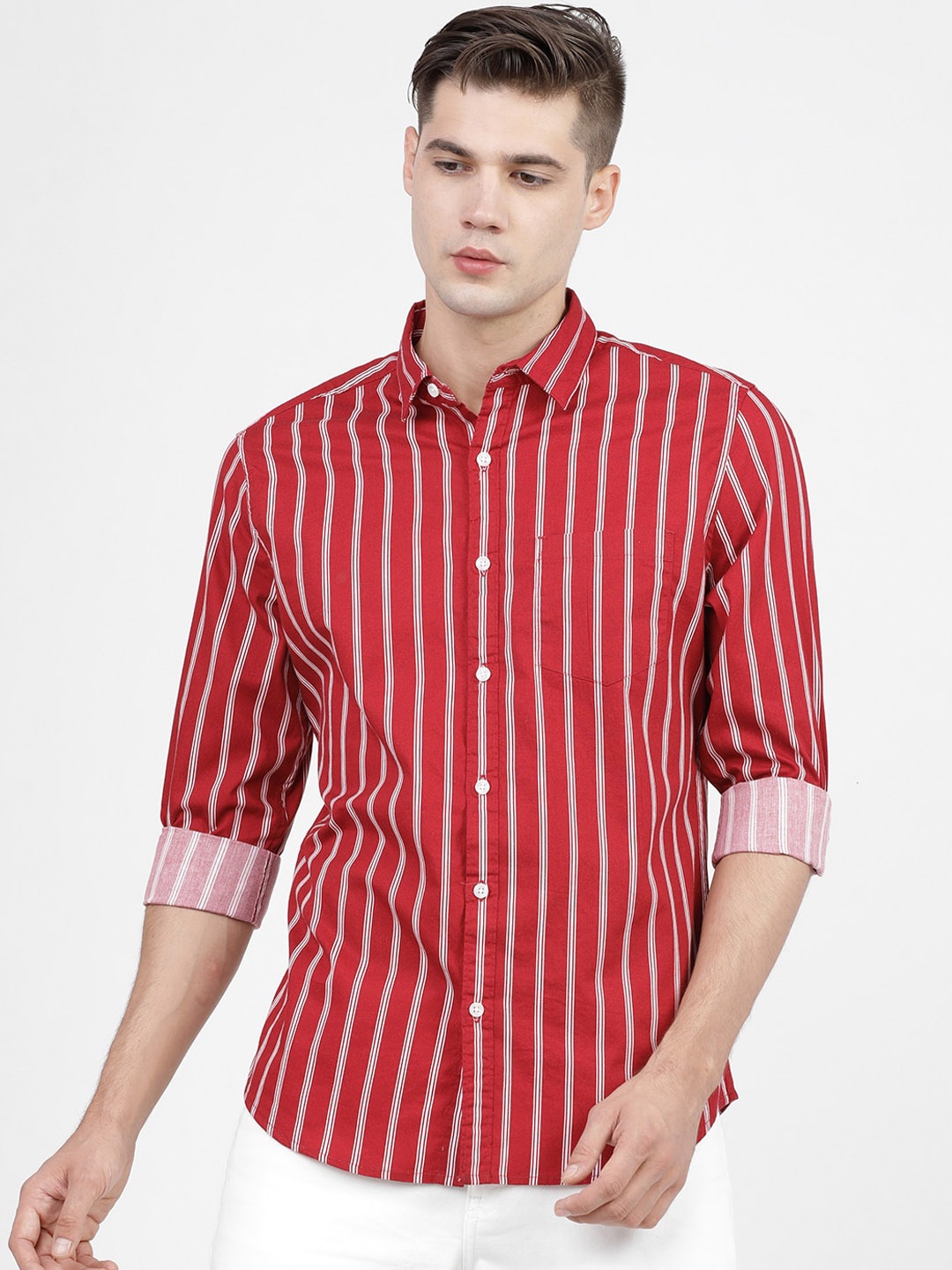 HIGHLANDER Men Maroon Slim Fit Striped Casual Shirt