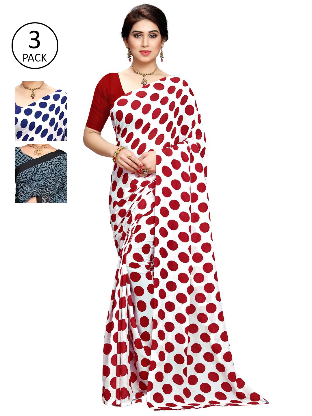 

KALINI Women Pack of 3 Printed Poly Georgette Sarees, White