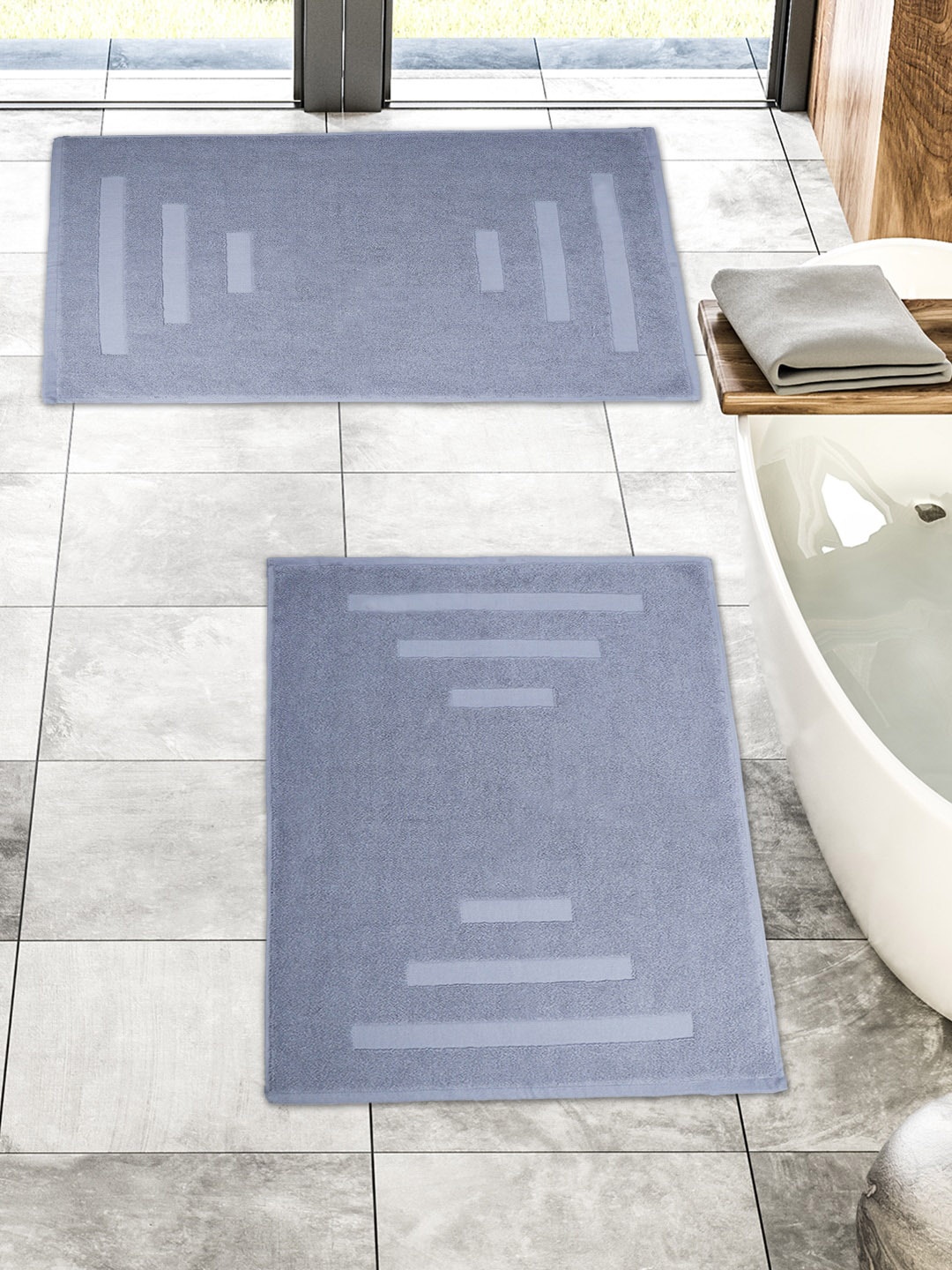

MYTRIDENT Grey Set of 2 Striped Cotton 1200 GSM Bath Mats