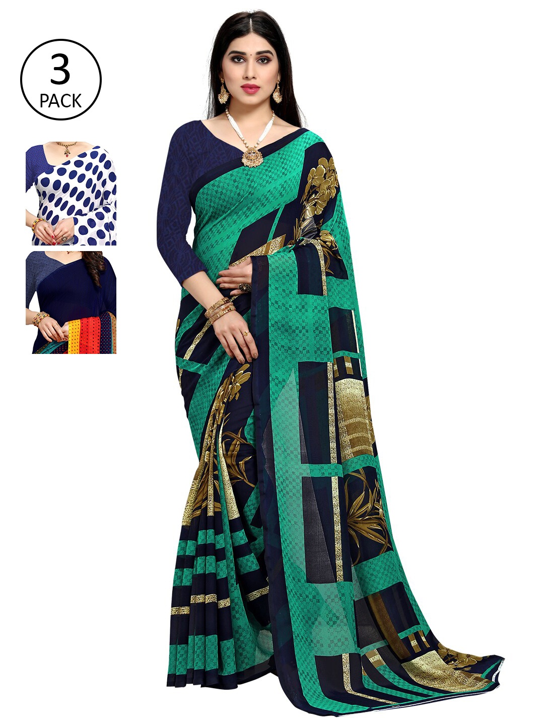 

KALINI Women Pack Of 3 Printed Sarees, Blue