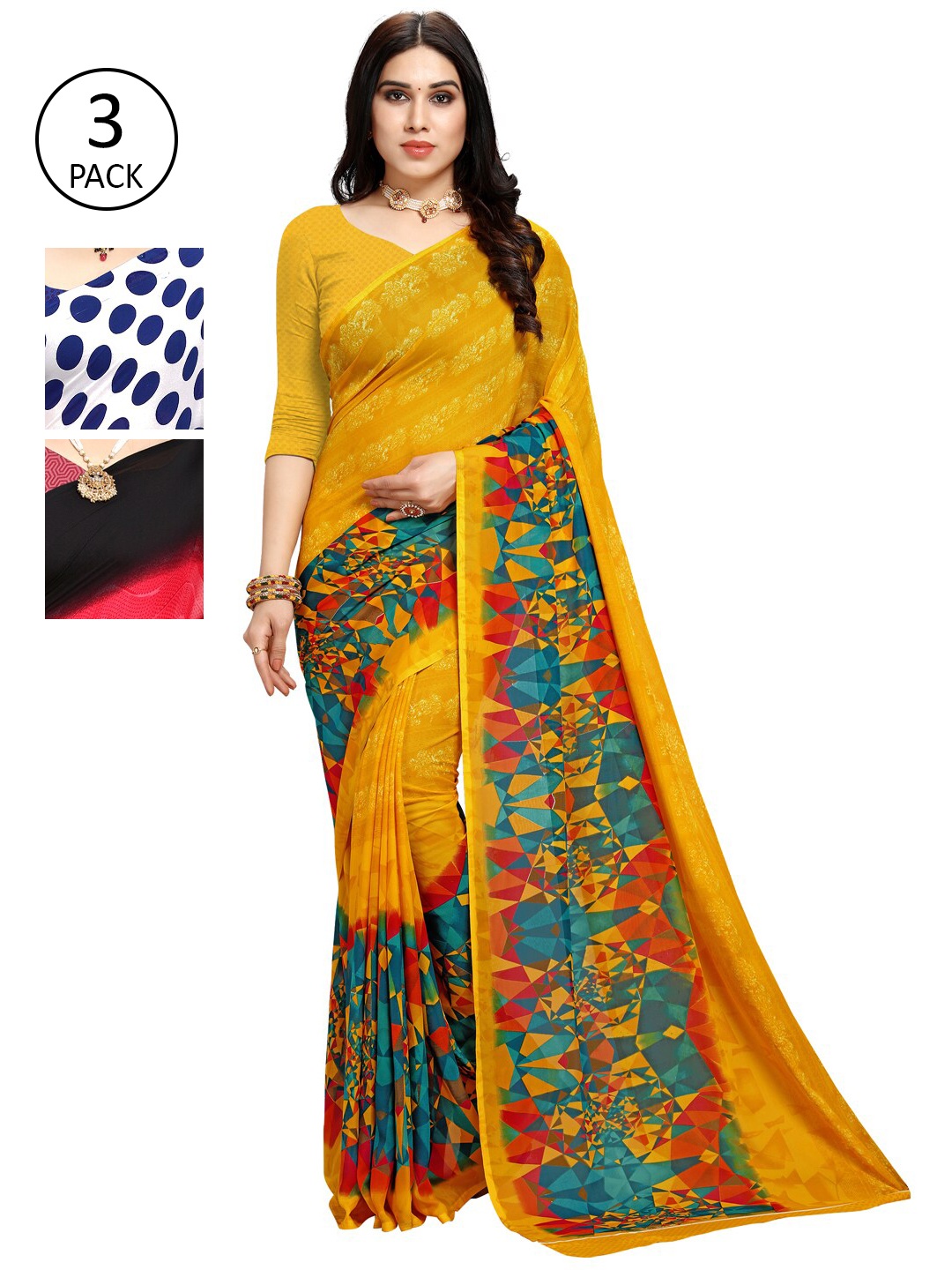 

KALINI Women Pack Of 3 Printed Sarees, Yellow