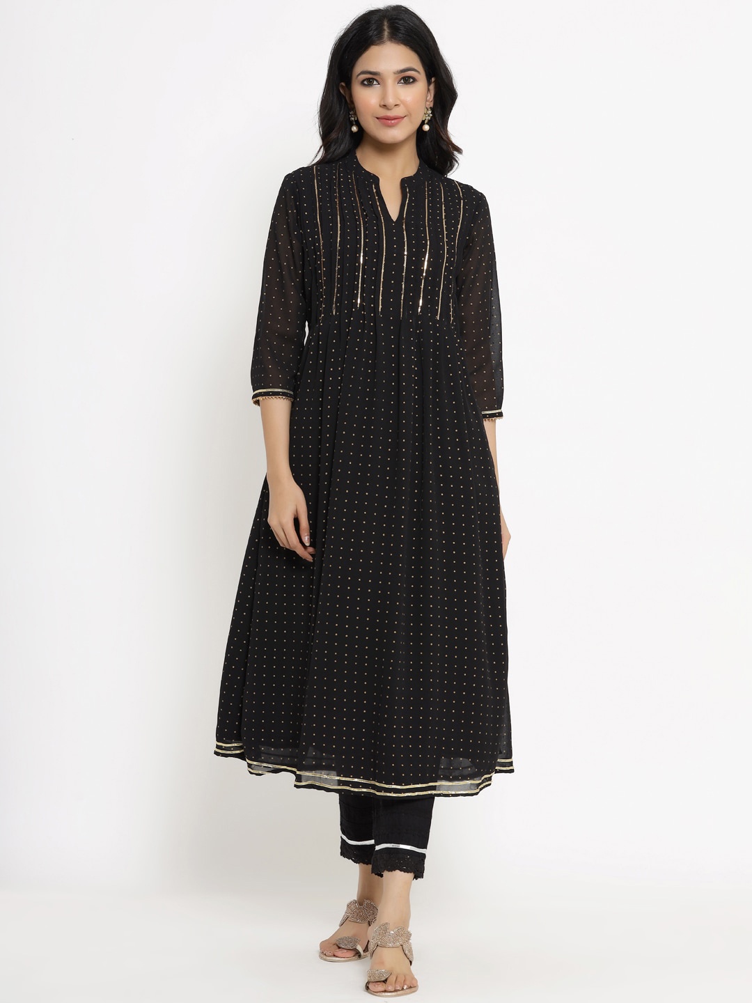 

Juniper Women Black Striped Gotta Patti Georgette Anarkali Kurta