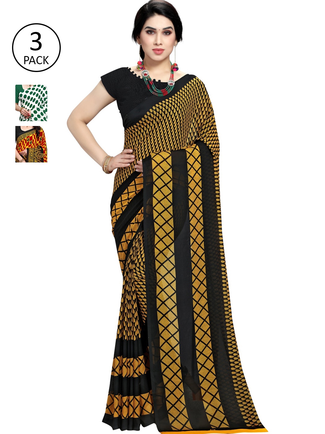 

KALINI Women Pack of 3 Printed Poly Georgette Sarees, Yellow