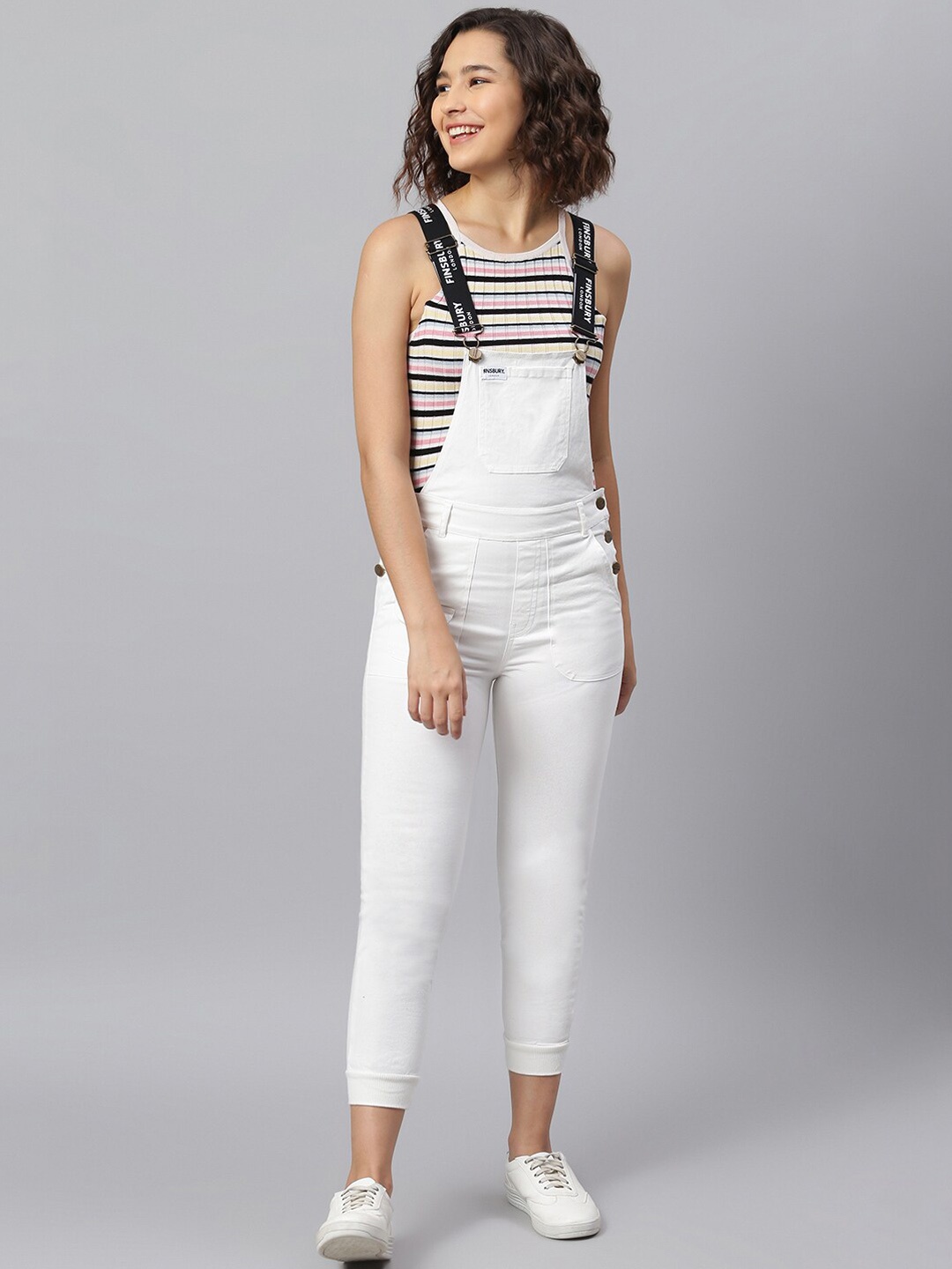 

FINSBURY LONDON Women White Ribbed Bottom Slim Fit Dungarees