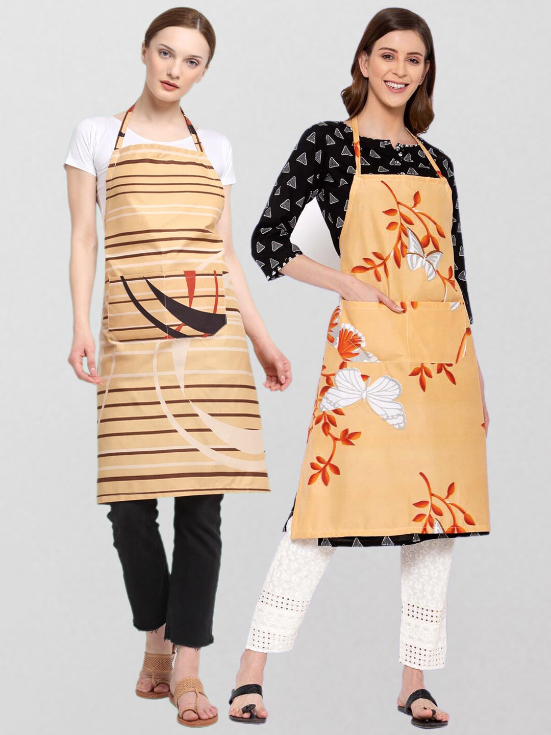 KLOTTHE Unisex Pack Of 2 Printed 210TC Cotton Aprons, Beige
