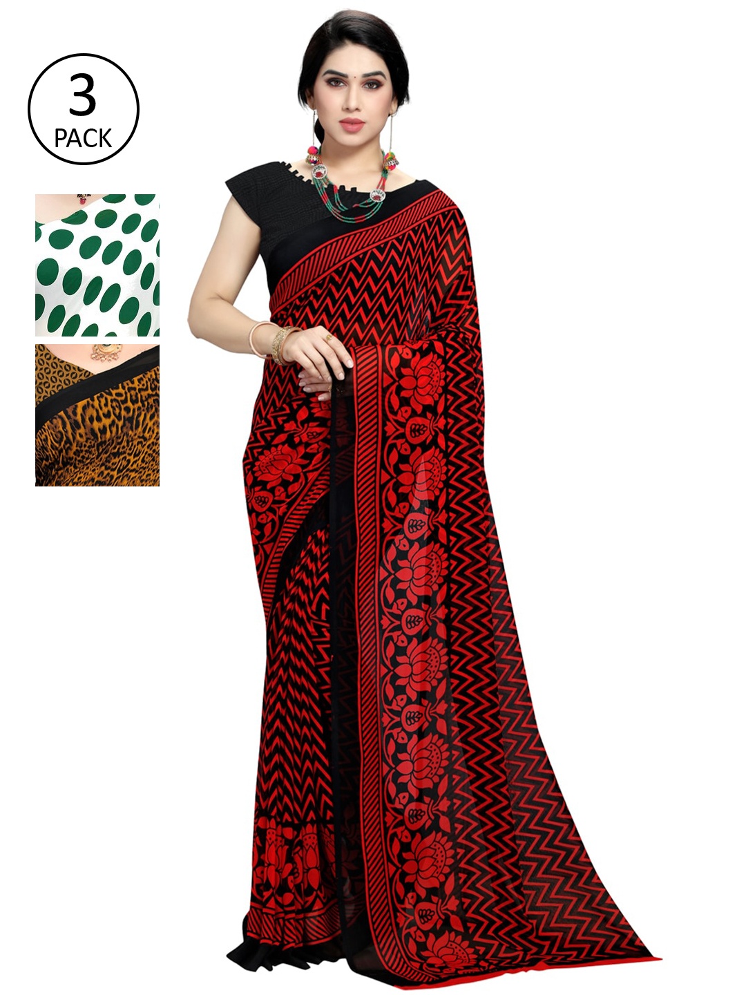 

KALINI Women Pack of 3 Printed Poly Georgette Sarees, Khaki