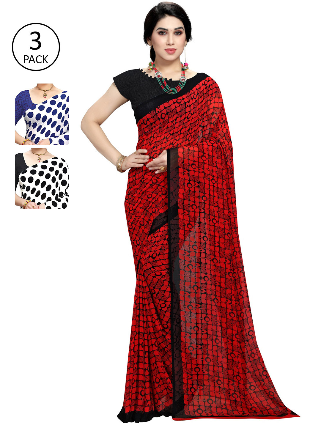 

KALINI Pack Of 3 White & Red Saree