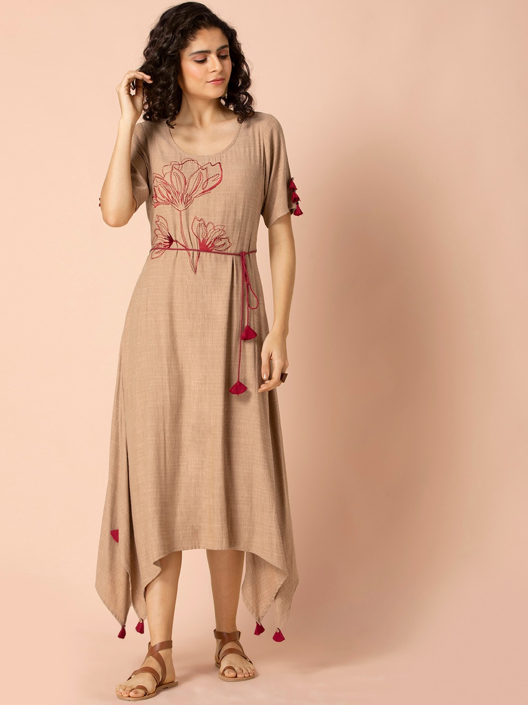 

Earthen BY INDYA Beige Embroidered Belted High Low Dress